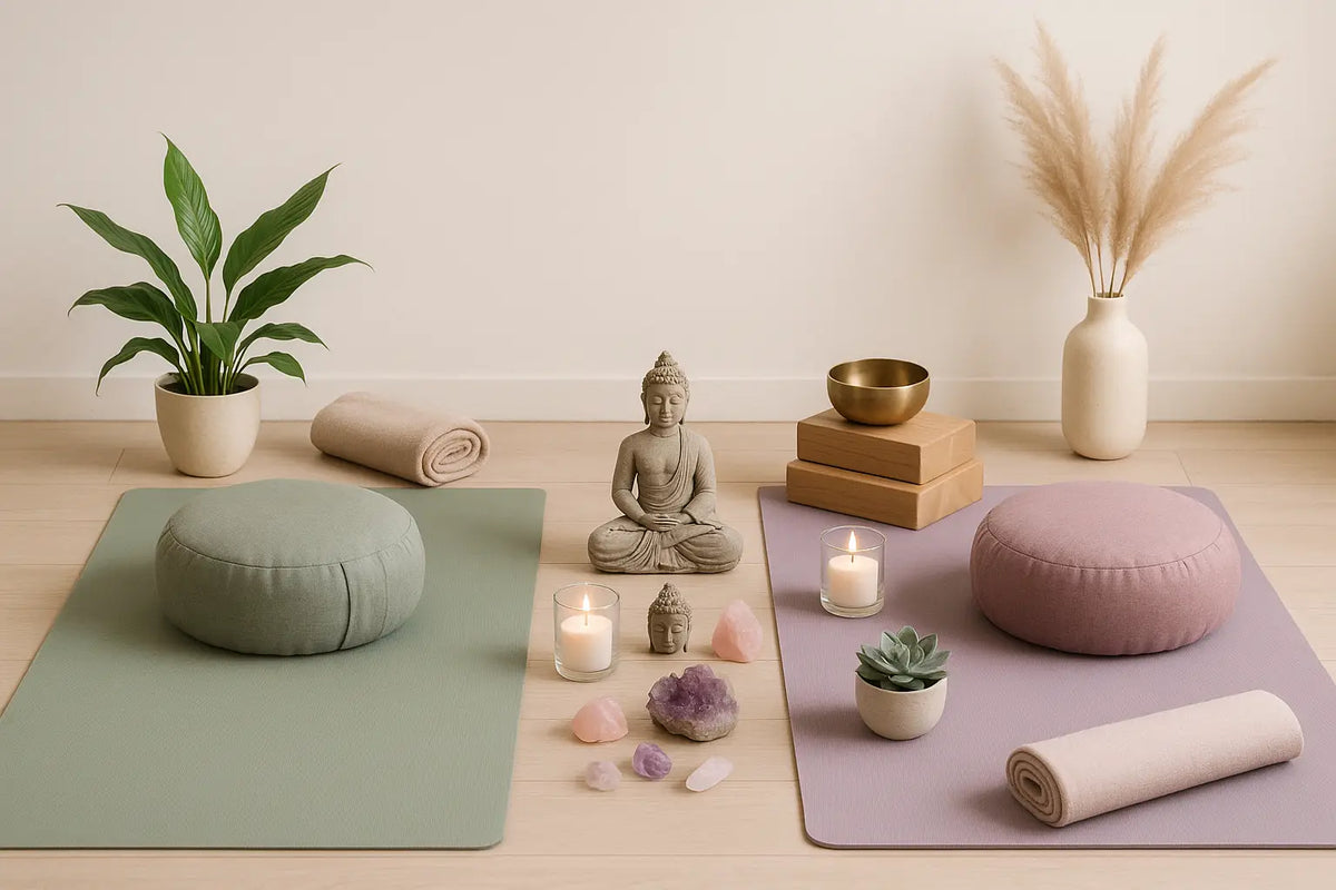 Eine ruhige meditationseinrichtung mit zwei gepolsterten yogamatten und weichen kissen in salbeigrün und altrosa für yoga dekoration und innere balance.