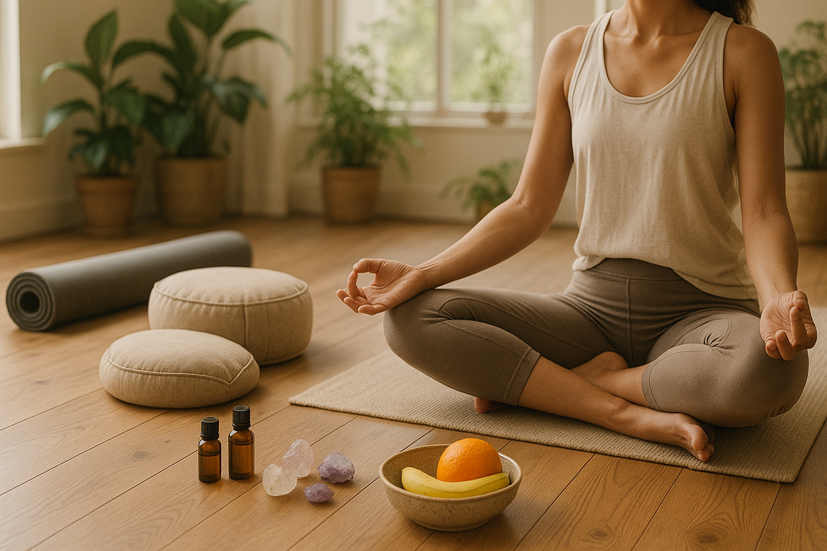 Eine frau in beige tank top und passenden leggings sitzt im schneidersitz auf einer yogamatte kleidung schweiz mana shop bern