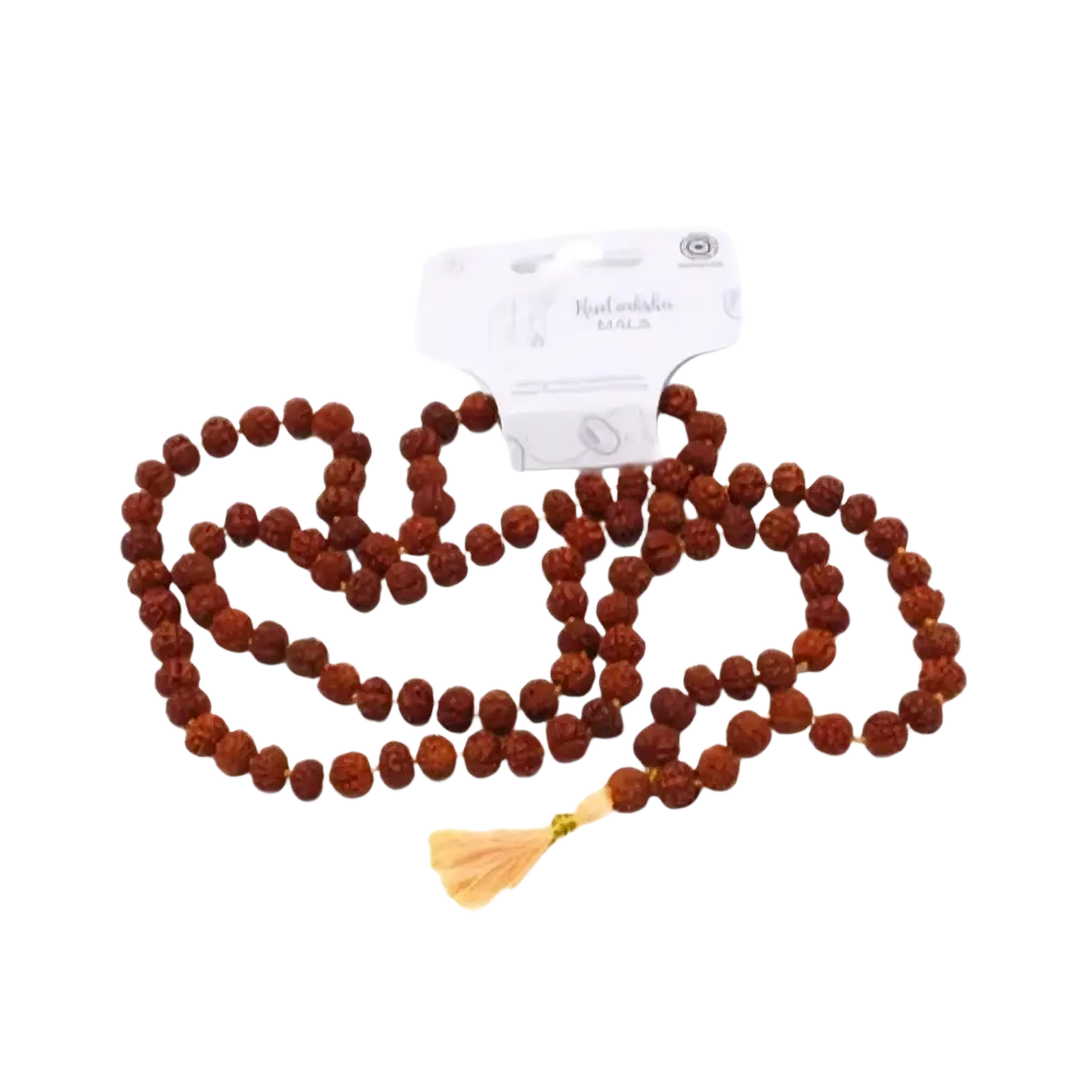 Rudraksha Mala Gebetskette mit 108 Perlen, grünes Tree Schmuck für Achtsamkeit und Schutz, handgefertigt, natürliche Holzperlen