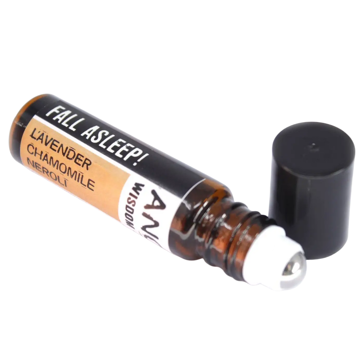 Braune glas roll-on flasche mit schwarzem verschluss und weißer rollerkugel labeled fall asleep von aromatherapy wisdom