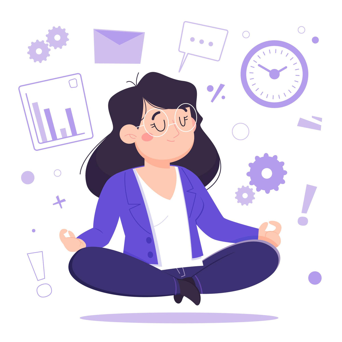 Illustration einer Frau beim Meditieren zur Stressbewältigung im Arbeitsalltag.