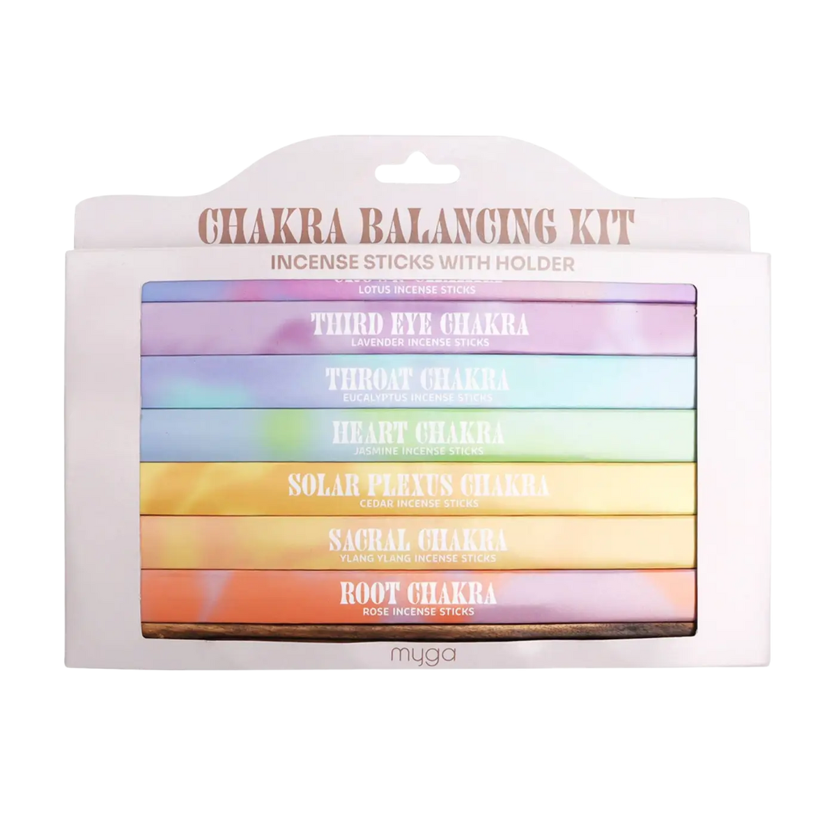 Myga 7 Chakra Räucherstäbchen mit Holzhalter für Reinigung, Harmonie und Achtsamkeit, sichtbare Räucherstäbchen und Holzhalter