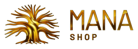 Goldenes Mana Shop Logo mit Baum-Symbol für gesunden Lifestyle und Bio-Produkte