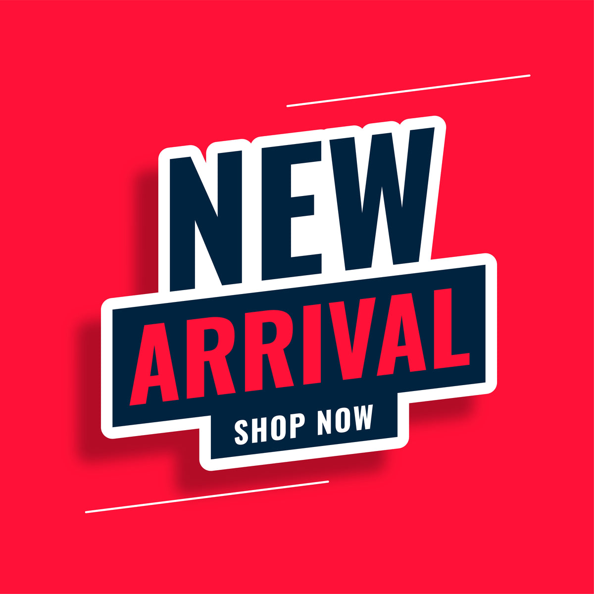 Neuankömmlinge Banner mit dem Text New Arrival und Shop Now auf rotem Hintergrund.