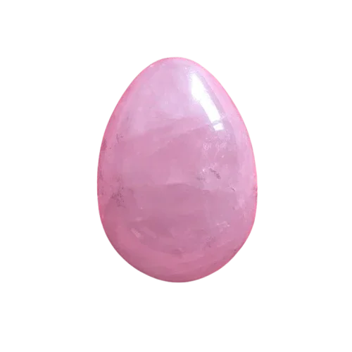 Ein glatter, eiförmiger rosa Rosenquarz-Kristall, isoliert auf einem weißen Hintergrund.