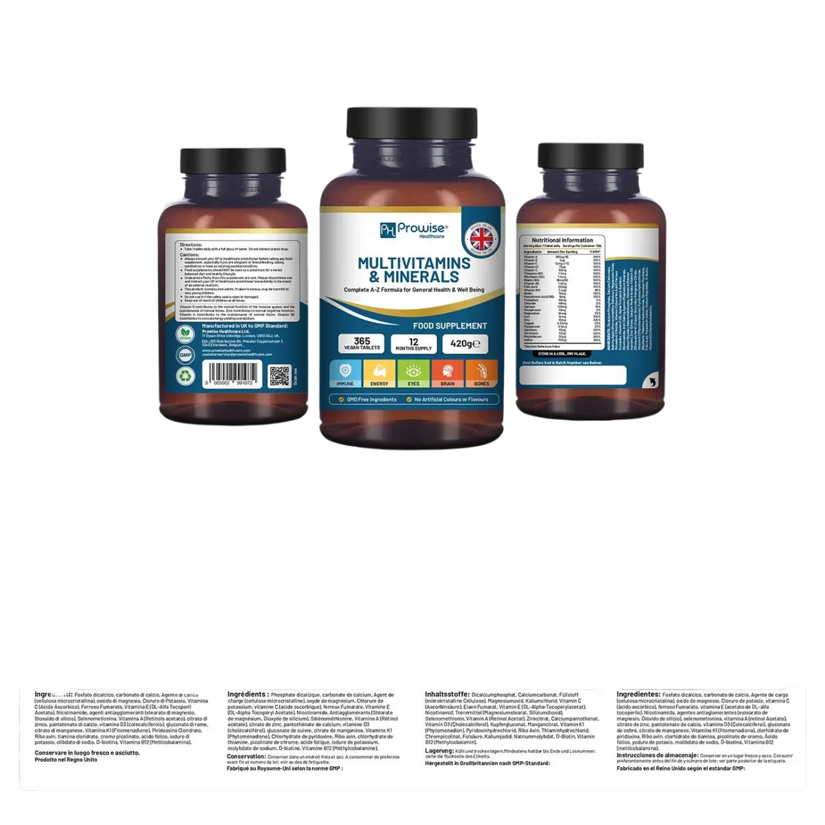 Vegane A-Z Multivitamine & Mineralien von Prowise Healthcare, 365 Tabletten, zeigt die Dose mit buntem Etikett und Tabletten.