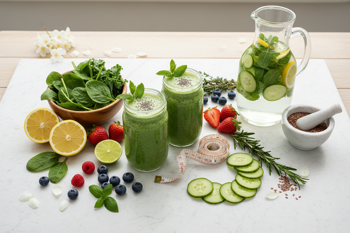 Gesunde grüne Smoothies im Glas mit frischen Beeren, Gurken, Spinat und Zitrusfrüchten.