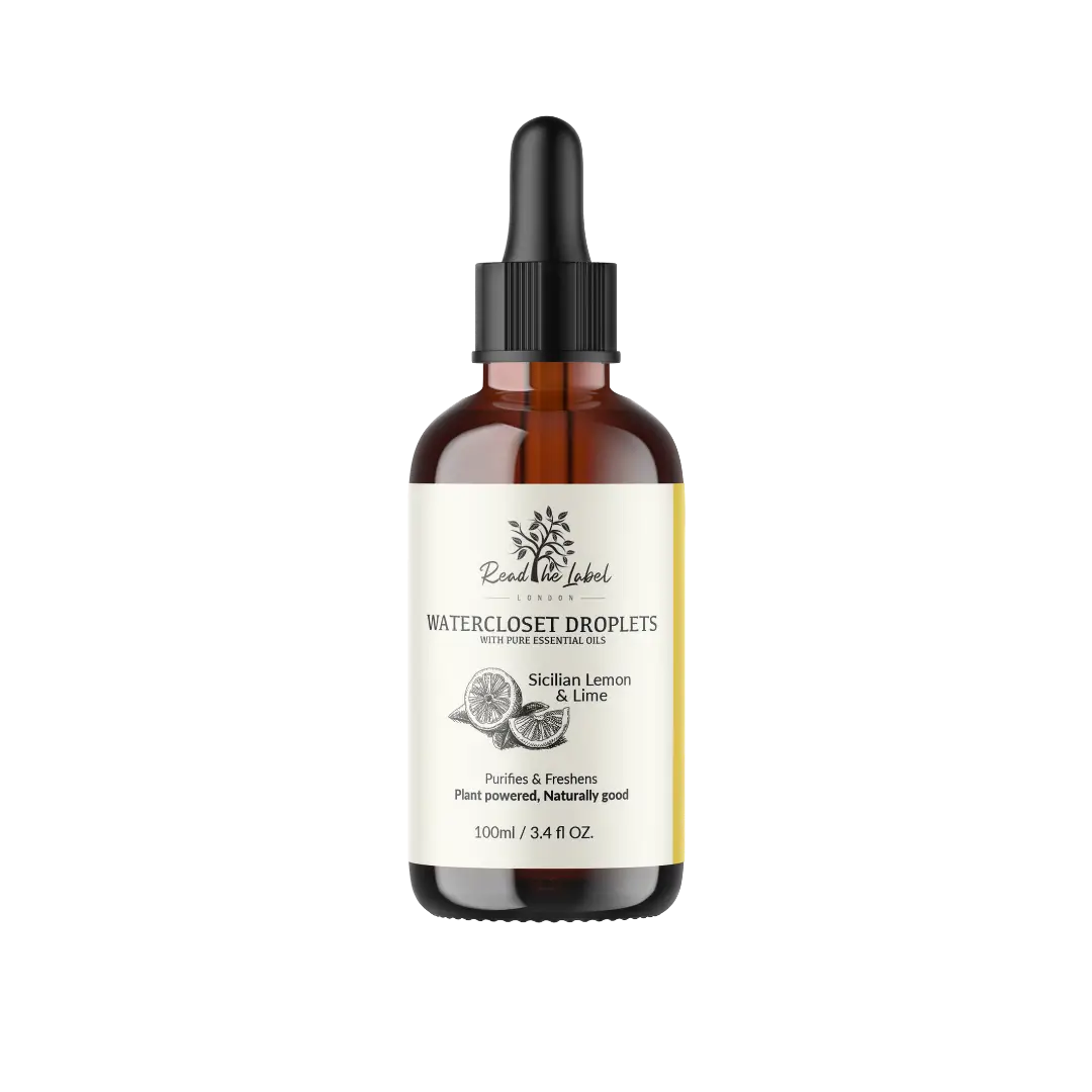 Ätherisches Öl von readthelabellondon mit Zitrone, Limette und Geranie, natürlicher Duft für Wassercloset, sichtbare Flasche und Tropfer