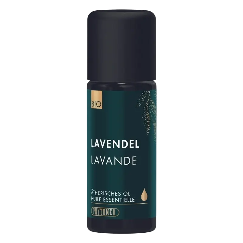Bio Lavendel ätherisches Öl von Phytomed, 10ml Flasche, dunkle Grünfarbe, naturbelassenes ätherisches Lavendelöl.