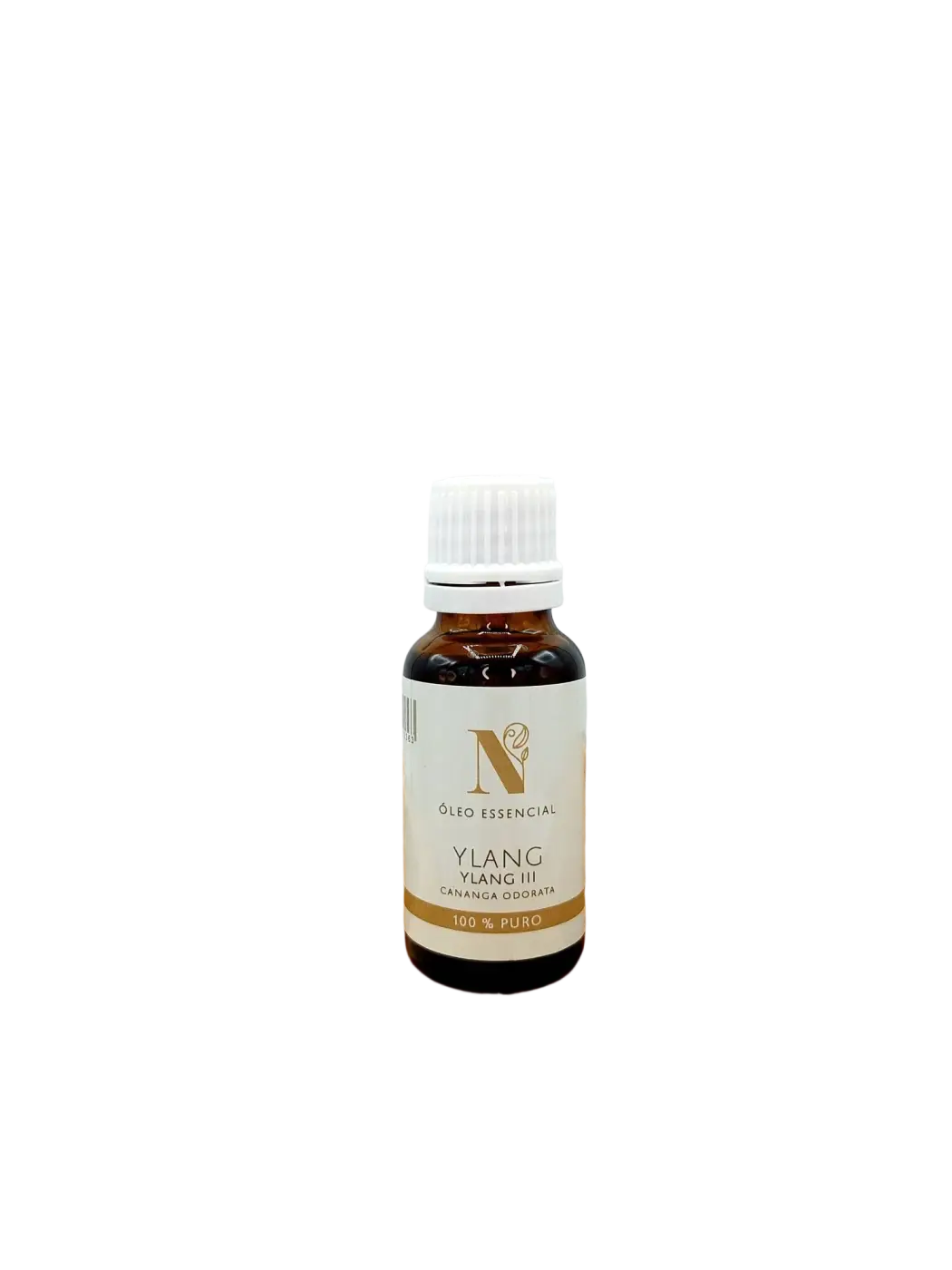 Ätherisches Ylang-Ylang-III-Öl 20ml von d'Natureza, blumig und entspannend, Flasche mit ätherischem Öl auf weißem Hintergrund