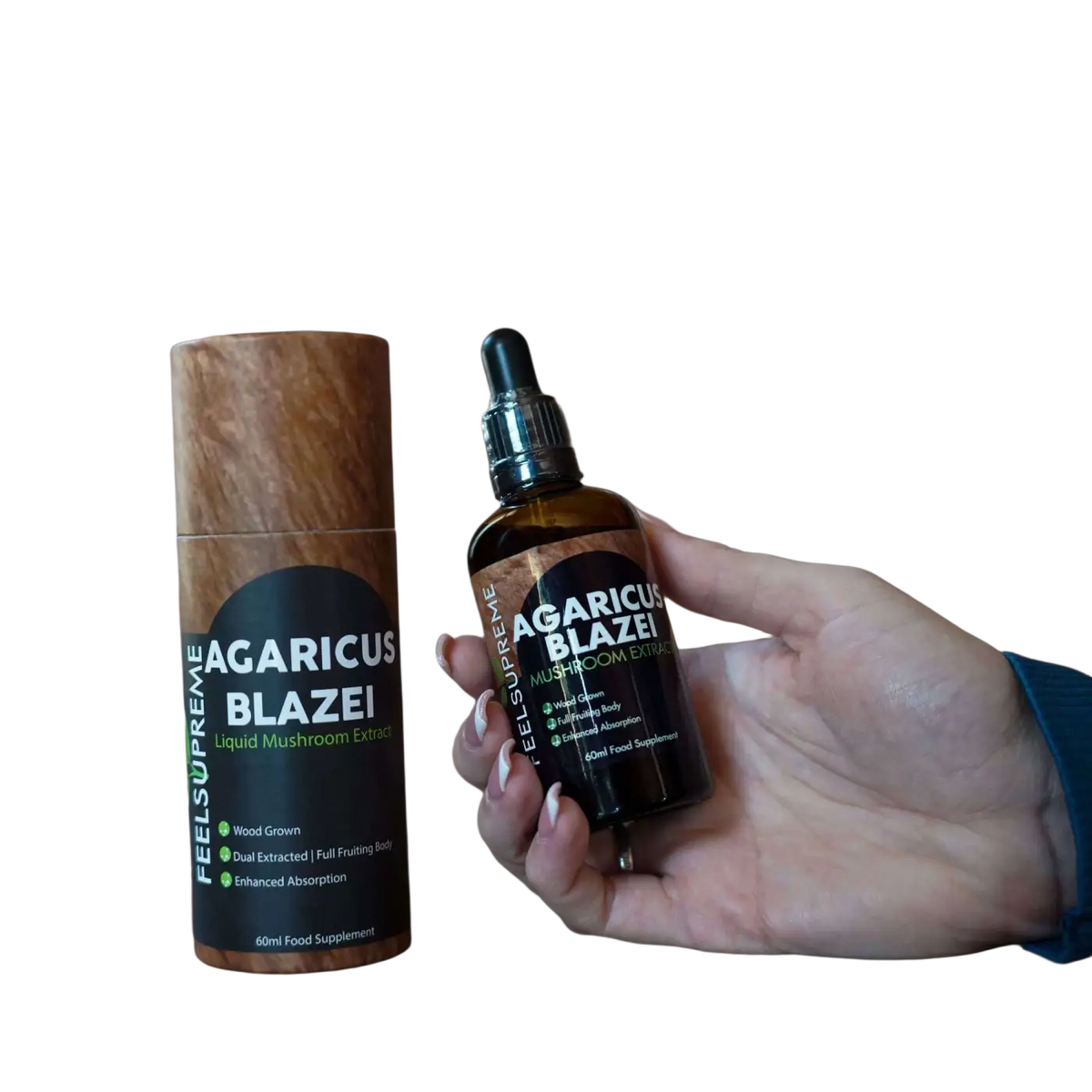 Agaricus Blazei Pilz-Flüssigergänzung von Feel Supreme, flüssiges Nahrungsergänzungsmittel in einer braunen Flasche.