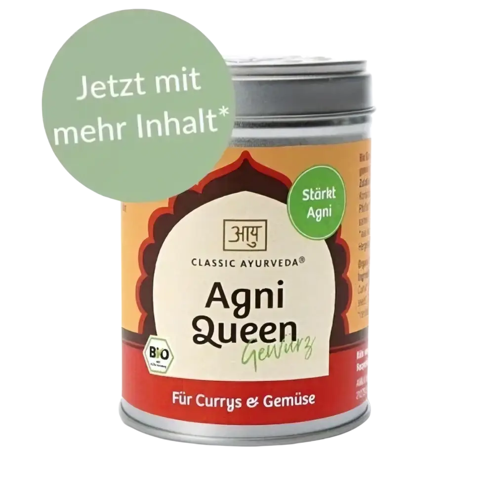 Bio Agni Queen Gewürz von Classic Ayurveda in zylindrischer Dose, aromatische Gewürzmischung für vielfältige Gerichte