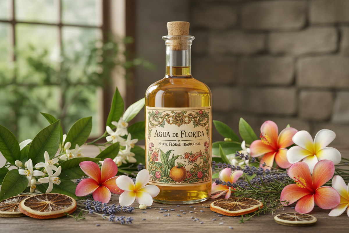 Agua de Florida Elixir Floral in Glasflasche mit exotischen Blüten und getrockneten Zitrusfrüchten
