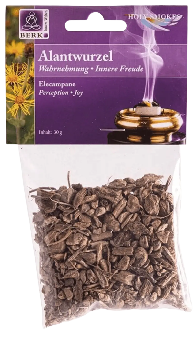 Dunkelbraune gehackte Alantwurzel als Räucherware in 30 g Packung von Dessauer, naturbelassen und aromatisch.