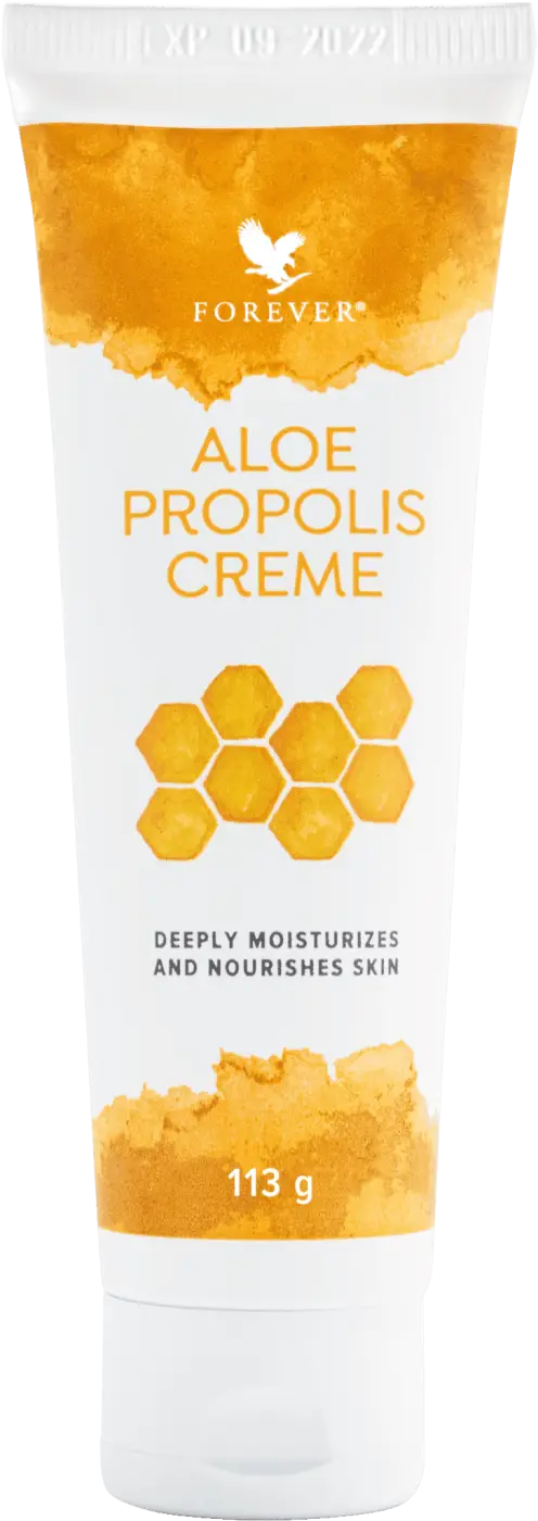 Weiße tube aloe propolis creme mit orangeem wabenmuster und goldener schrift 113g für trockene und gereizte haut