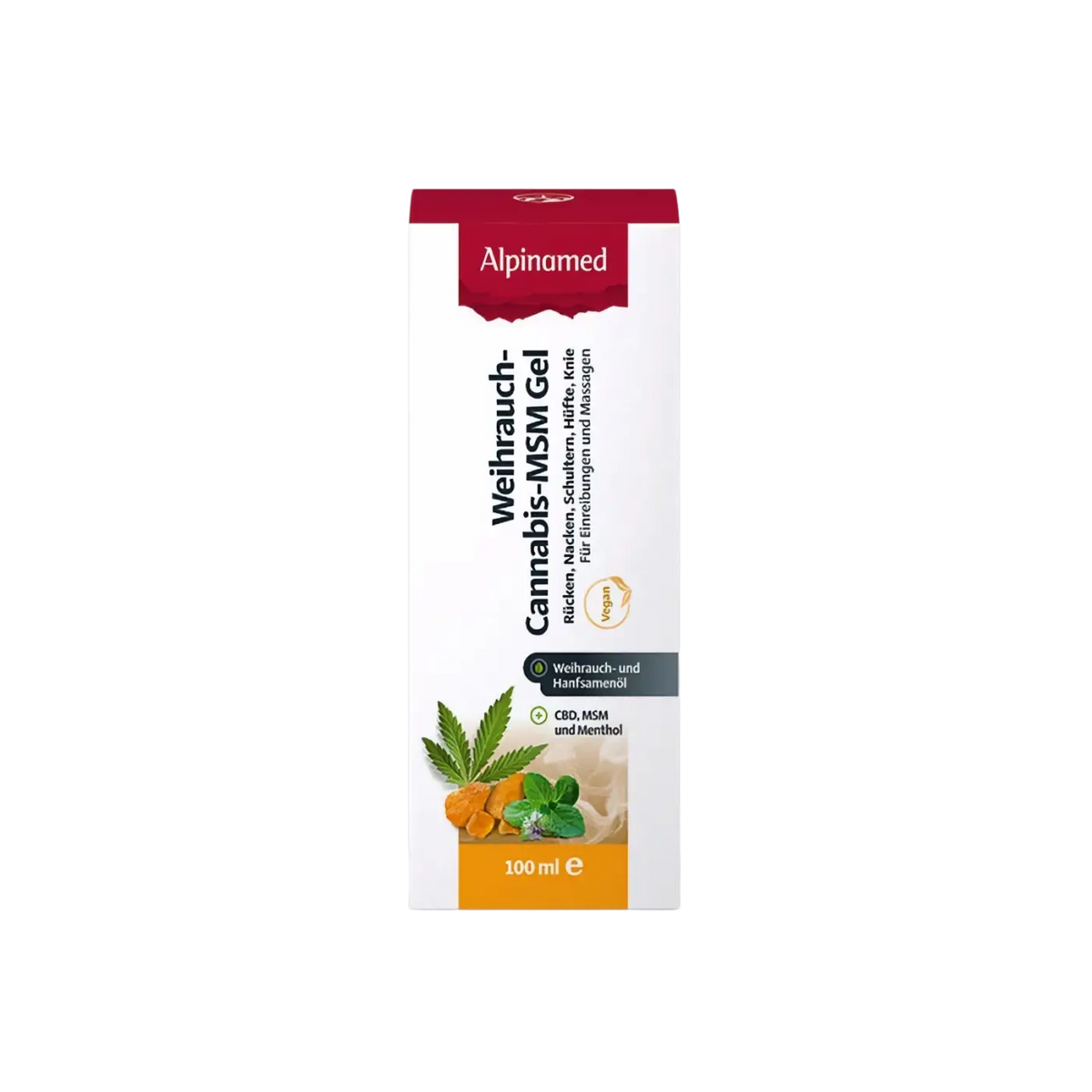 Alpinamed Weihrauch-Cannabis-MSM Massagegel in 100ml, enthält natürliche Inhaltsstoffe für Massage und Entspannung.