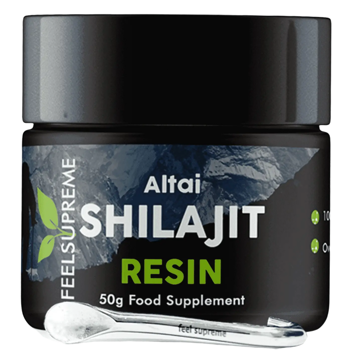 Altai Shilajit Resin, 50 g, mit 80+ Spurenelementen, Nahrungsergänzung von Feel Supreme, zeigt die dunkle, klebrige Konsistenz.