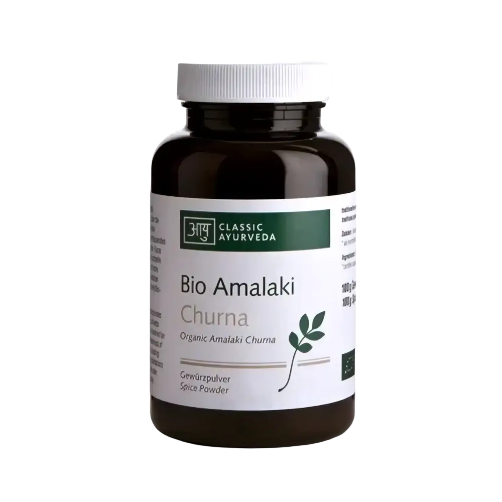 Bio Amalaki Churna von Classic Ayurveda, kraftvolles Ayurveda-Pulver für Vitalität und Balance, in einer Packung.