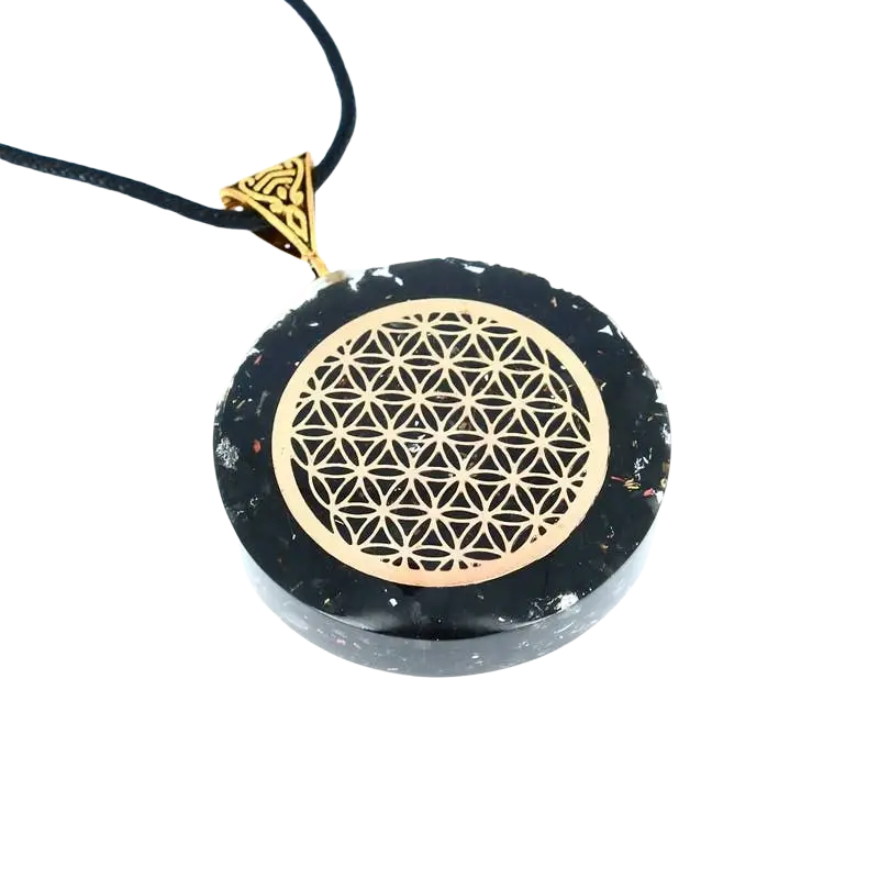 Schungit und Orgonit Anhänger „Blume des Lebens“ aus Schmuck, 4 cm, kunstvoller spiritueller Schmuck von Artisans de Madagascar