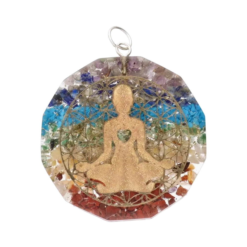 Goldener Chakra-Buddha Anhänger im Orgonit-Stil, meditativer Schmuck, detailreiche Gestaltung, entspannende Symbolik.