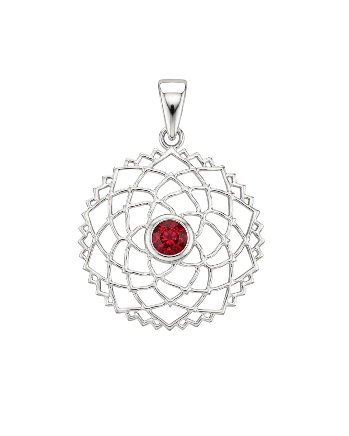 Silberner Lotus-Anhänger mit Granat, detailreiches Chakra-Schmuckstück von GangaPrem, eleganter Schmuck für besondere Anlässe