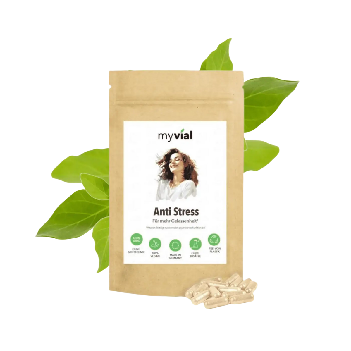 Anti-Stress Kapseln von myvial mit Tulsi, GABA und Ashwagandha, einzelne Nahrungsergänzung in dunkler Flasche
