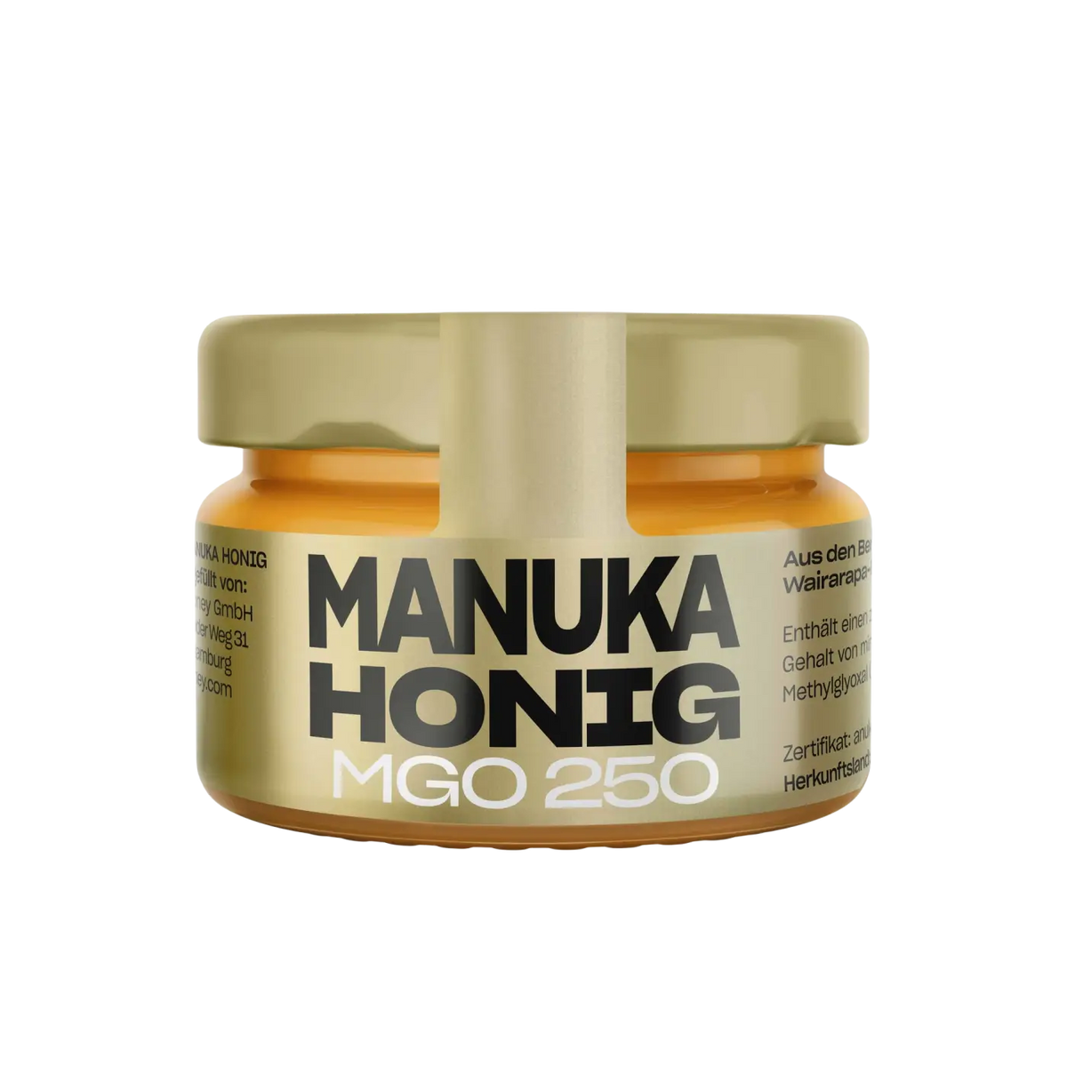 Goldfarbenes Glas mit 50g ANUK Manuka-Honig MGO250, reiner Manuka-Honig aus Neuseeland, cremige Konsistenz, natürliches Bienenprodukt