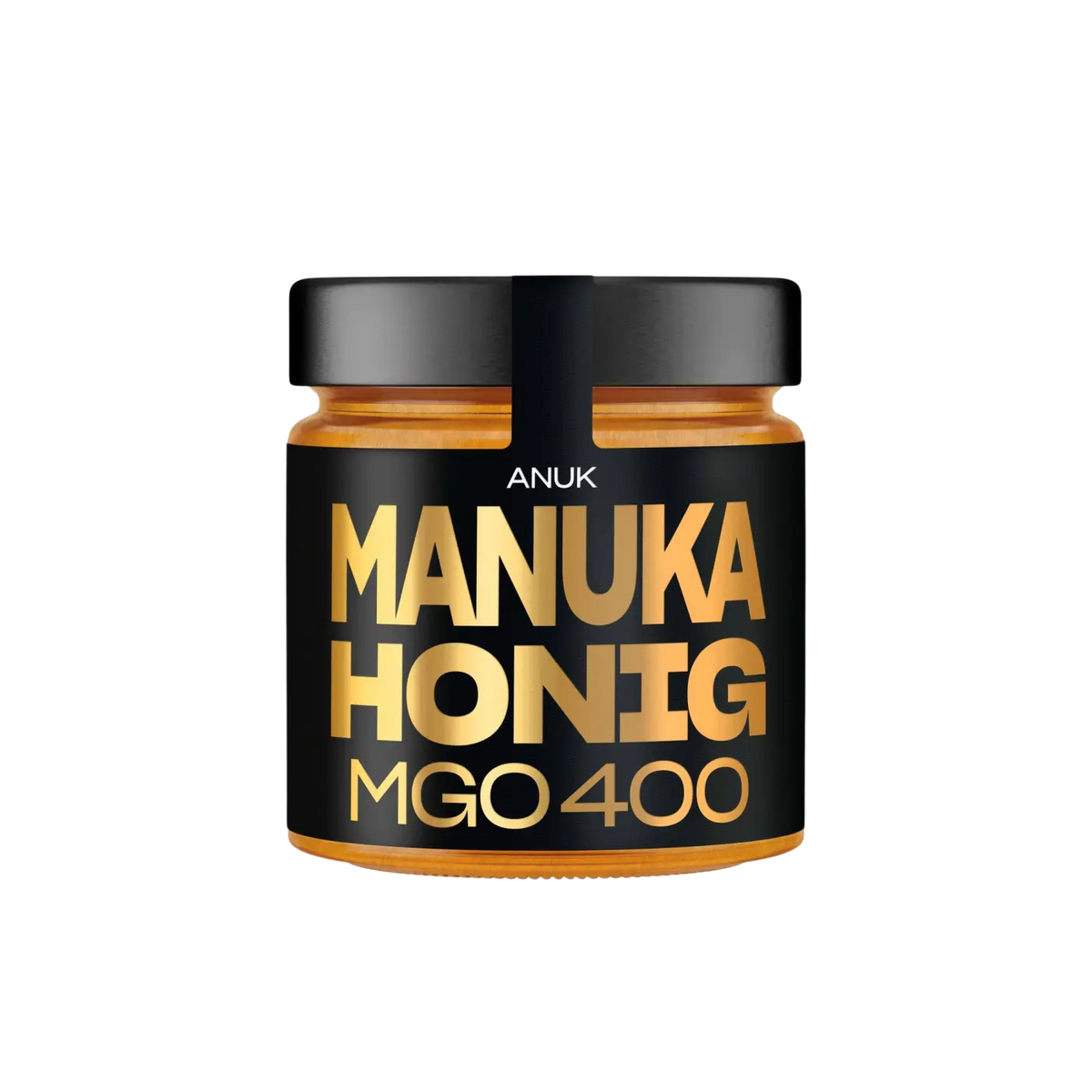 Glas mit 500 g ANUK Manuka-Honig MGO400+ in schwarzem Glasbehälter, hochwertige Premiumqualität, natürliche Honig-Textur
