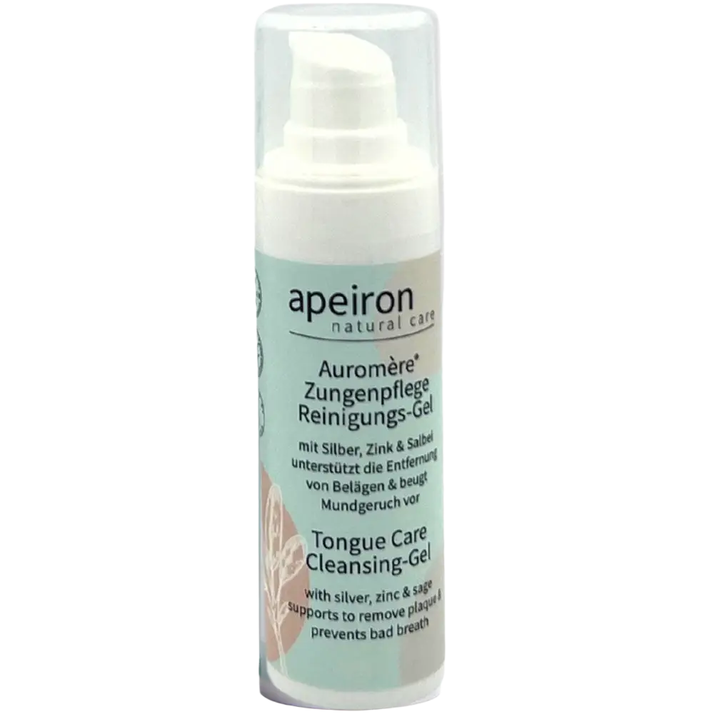 Apeiron Auromère Zungenreinigungs-Gel 30ml, natürliches Mundpflegeprodukt zur Zungenreinigung, in einer Flasche auf einem Badezimmerhintergrund