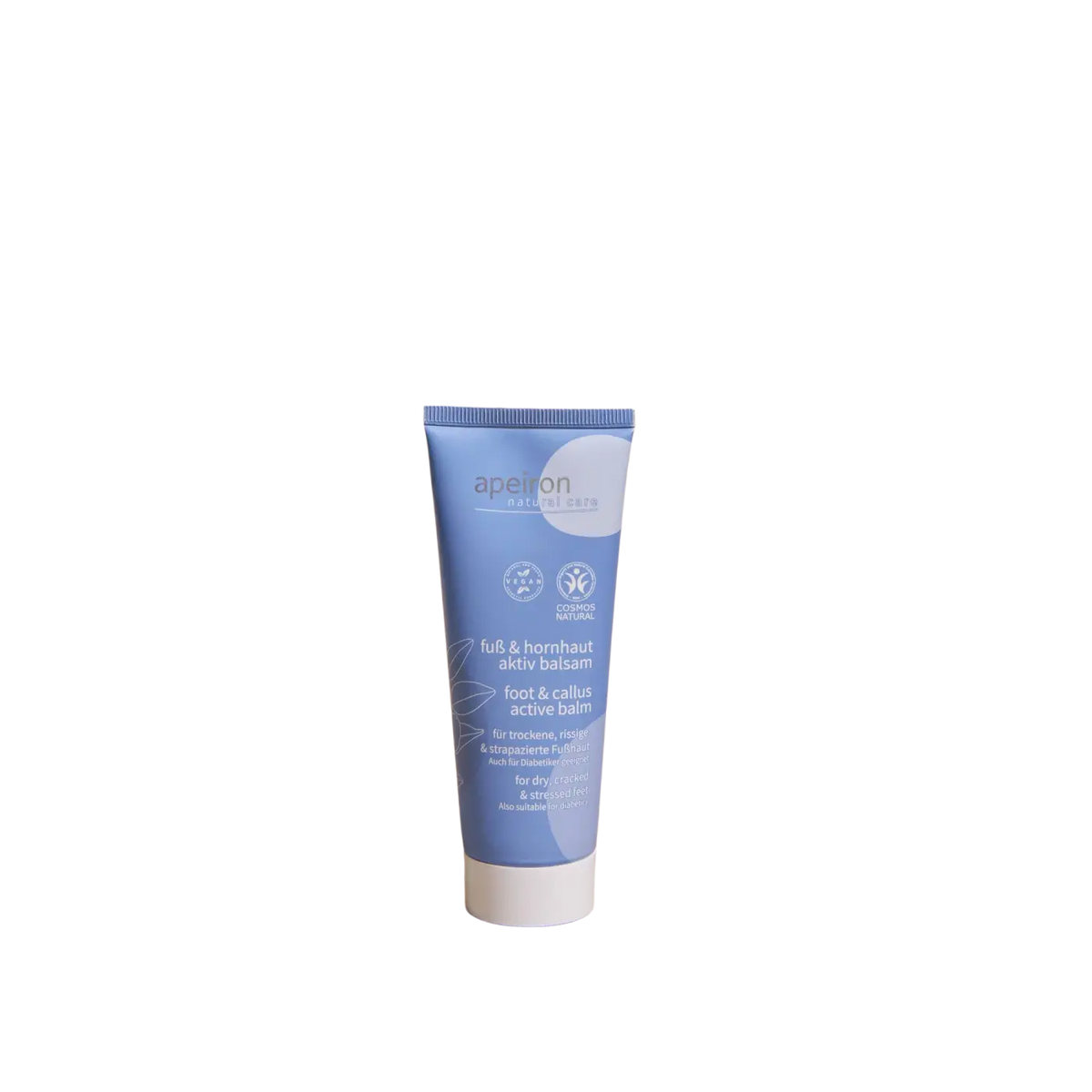 Apeiron Fuss- und Hornhaut-Aktiv-Balsam von Spa Vivent, 75ml, für gepflegte, geschmeidige Füße, zeigt die Flasche auf weißem Hintergrund