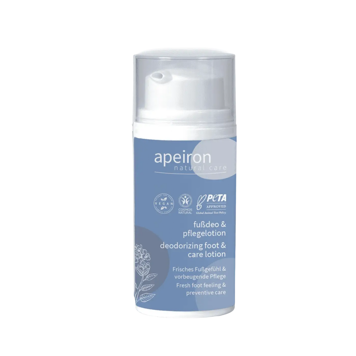 Apeiron Fussdeo Pflege Lotion 30ml für Hände und Füße, hellblaue Flasche, elegante Verpackung, Spa Vivent Produkt