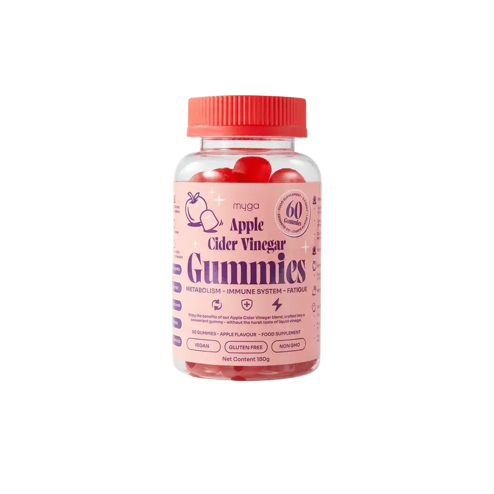 Myga Apfelessig Gummies für Stoffwechsel, Immunsystem und Energie, Nahaufnahme der leckeren Nahrungsergänzung mit Apfelessig.