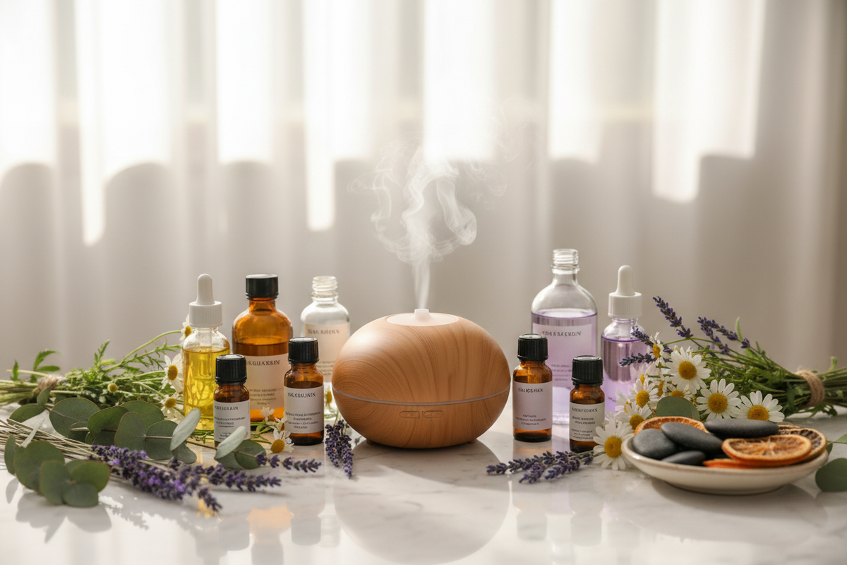 Holz-Aroma Diffuser mit aufsteigendem Dampf, ätherischen Ölen und Lavendel für Wellness.