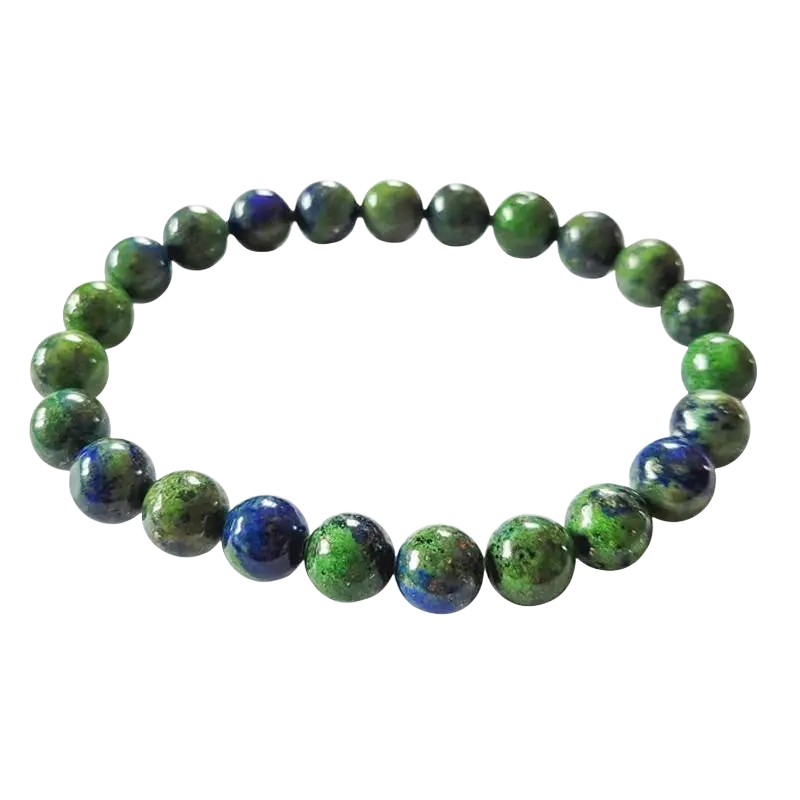 Azurith-Malachit-Armband von Artisans de Madagascar mit getönten 8 mm Kugeln, handgefertigter Schmuck aus natürlichen Halbedelsteinen.