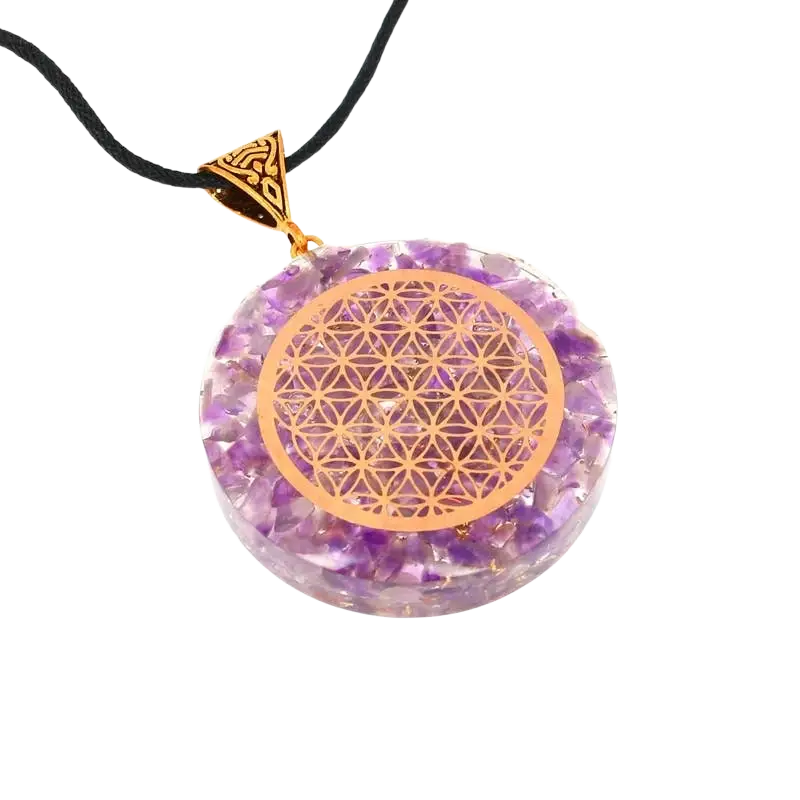 Artisans de Madagascar Blume des Lebens Orgonit Anhänger aus Amethyst, ca. 4 cm, handgefertigter Schmuck mit Lebenssymbol.