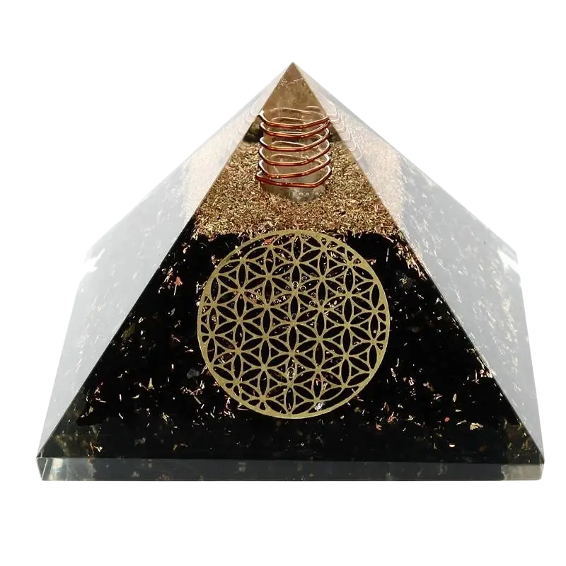 Orgonit-Pyramide mit schwarzem Turmalin von Artisans de Madagascar, 7,5 cm, dekoratives Schmuckstück mit Blume des Lebens Motiv