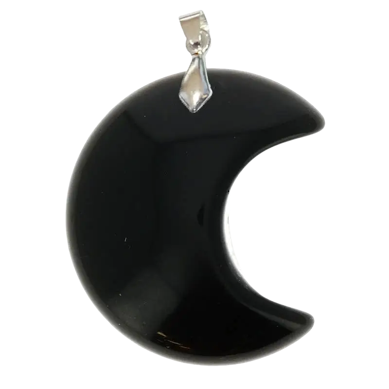 Schwarz obsidian Anhänger mit Mondform von Artisans de Madagascar, handgefertigter Schmuck mit dunklem Edelstein.