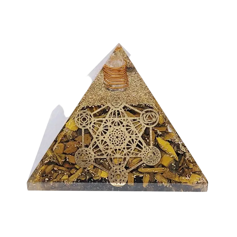 Metatron Orgonit-Pyramide aus Tigerauge von Artisans de Madagascar, 7,5 cm, kunstvoller Schmuck mit goldenen Flecken und klarer Form