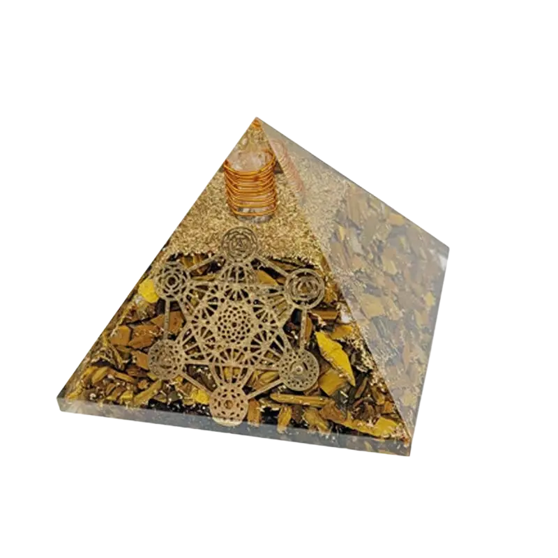 Artisans de Madagascar Metatron Orgonite-Pyramide aus Tigerauge, 7,5 cm, handgefertigter Schmuck mit schimmerndem Edelstein.