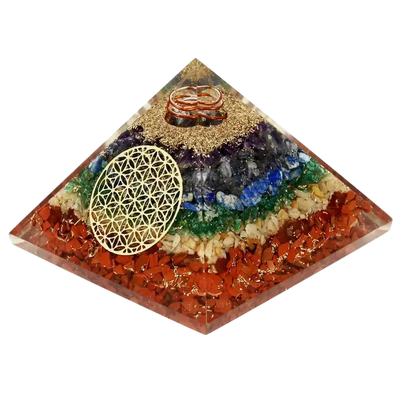 Orgonit-Pyramide mit 7 Chakren und Blume des Lebens, Artisans de Madagascar, 7,5 cm, handgearbeiteter Schmuck mit heilender Energie
