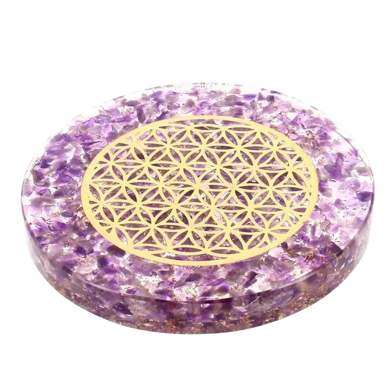 Schmuck-Tablett "Blume des Lebens" mit Amethyst-Orgonit, 10 cm, Kunsthandwerk von Artisans de Madagascar
