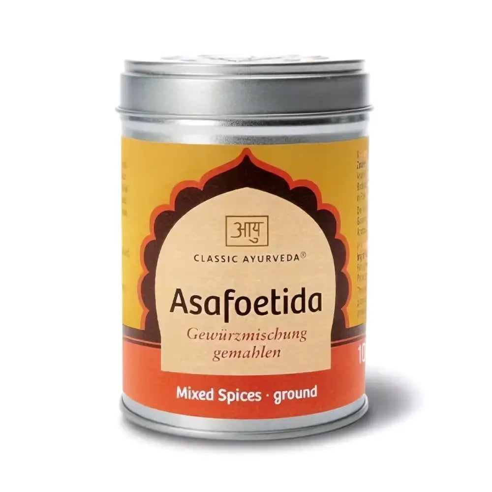 Asafoetida Gewürzmischung von Classic Ayurveda, ayurvedisches Hing für aromatische und bewusste Küche, in Glasbehälter.