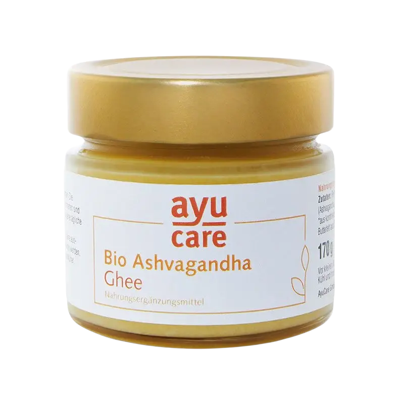 Bio Ashvagandha Ghee (Ghritam) von Ayucare, goldfarbenes, schimmerndes Ghee in einem Glasbehälter, öle & fette natürliche Qualität