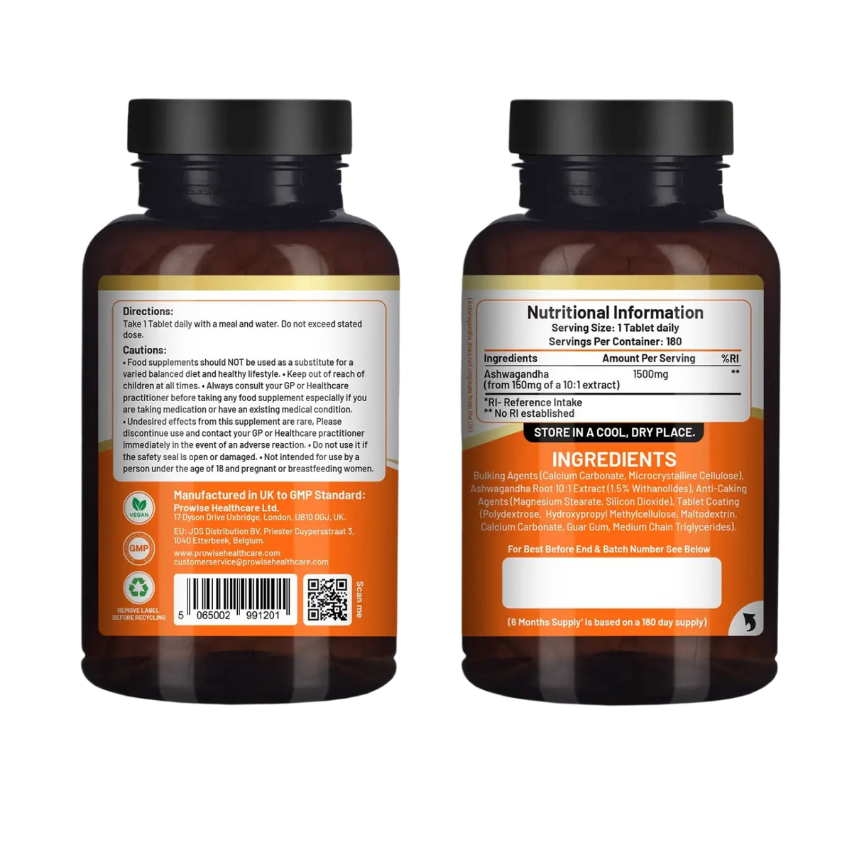 Vegane Ashwagandha-Tabletten von Prowise Healthcare, 1500 mg, 180 Stück, für 6 Monate Nahrungsergänzung, natürliche Ergänzung