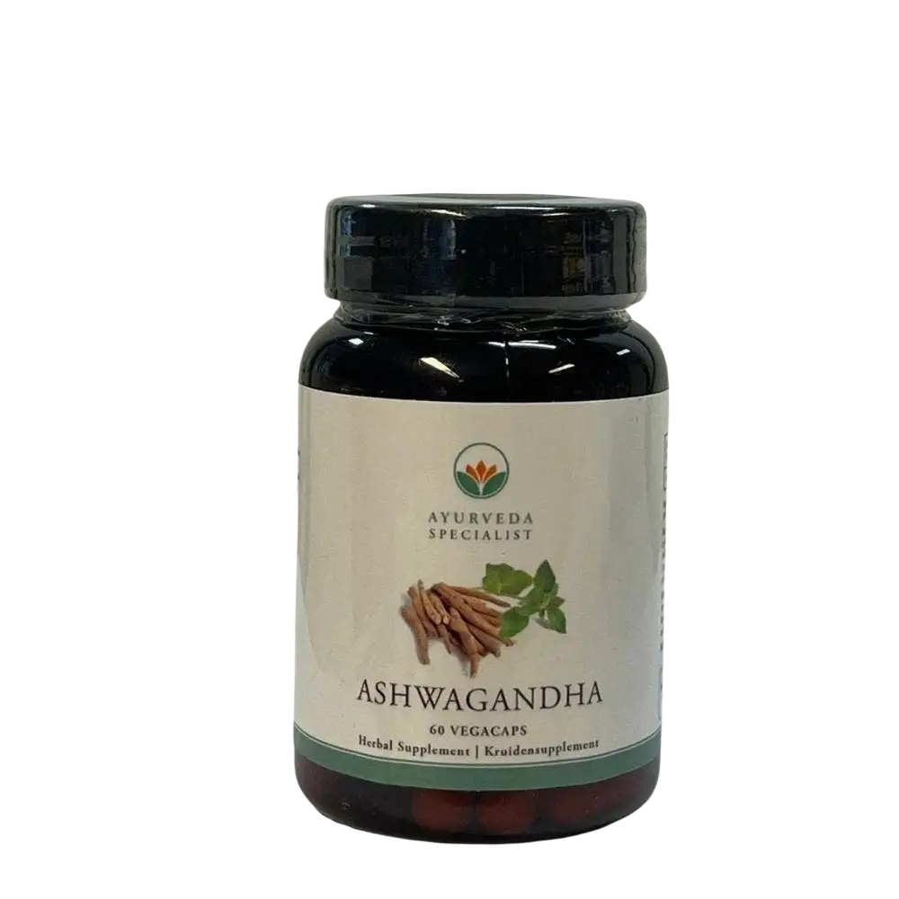Ashwagandha Ayurveda Kräuterformel, Nahrungsergänzungsmittel in dunkler Verpackung, Ayurveda Specialist B.V.