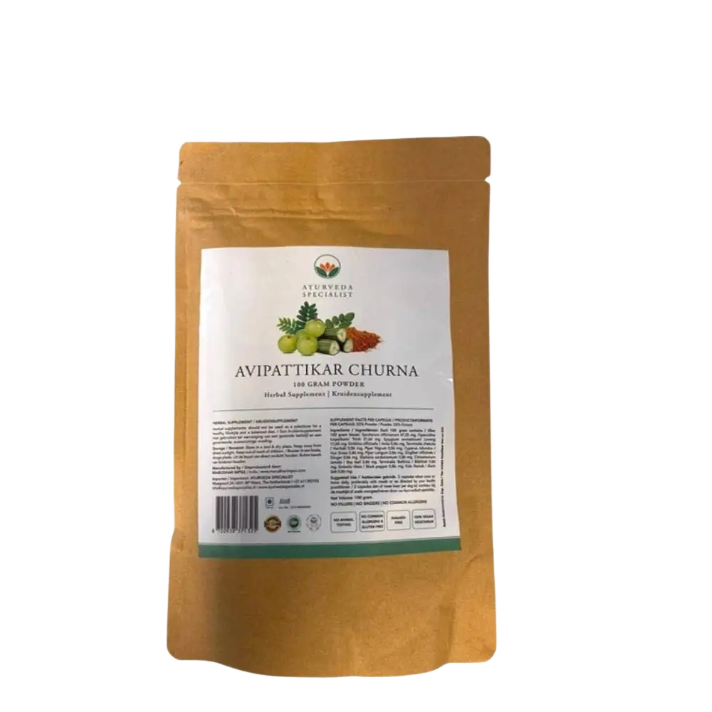 Avipattikar Churna Ayurveda Spezialist B.V., Nahrungsergänzungsmittel, pulverförmiges Ayurvedaprodukt in Dose, natürliche Inhaltsstoffe