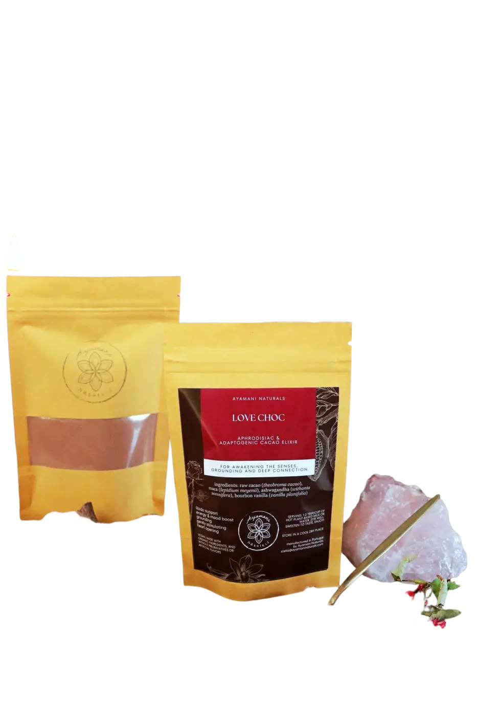 Ayamani Love Choc aphrodisierende heiße Schokolade mit rohem Kakao, cremige Konsistenz, dunkle Farbe, natürliche Verpackung