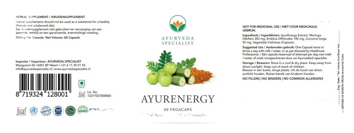 Ayurenergie 60 Kapseln mit Moringa, Amla und Kurkuma für Energie und starkes Immunsystem, von Ayurveda Specialist B.V.