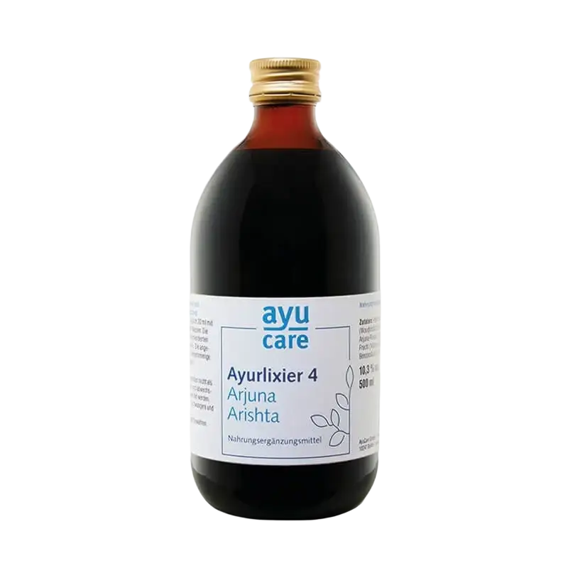 Dunkelbernsteinfarbener Ayurlixier Arjuna Arishta von Ayucare, Gärgetränk mit traditioneller ayurvedischer Wirkung.