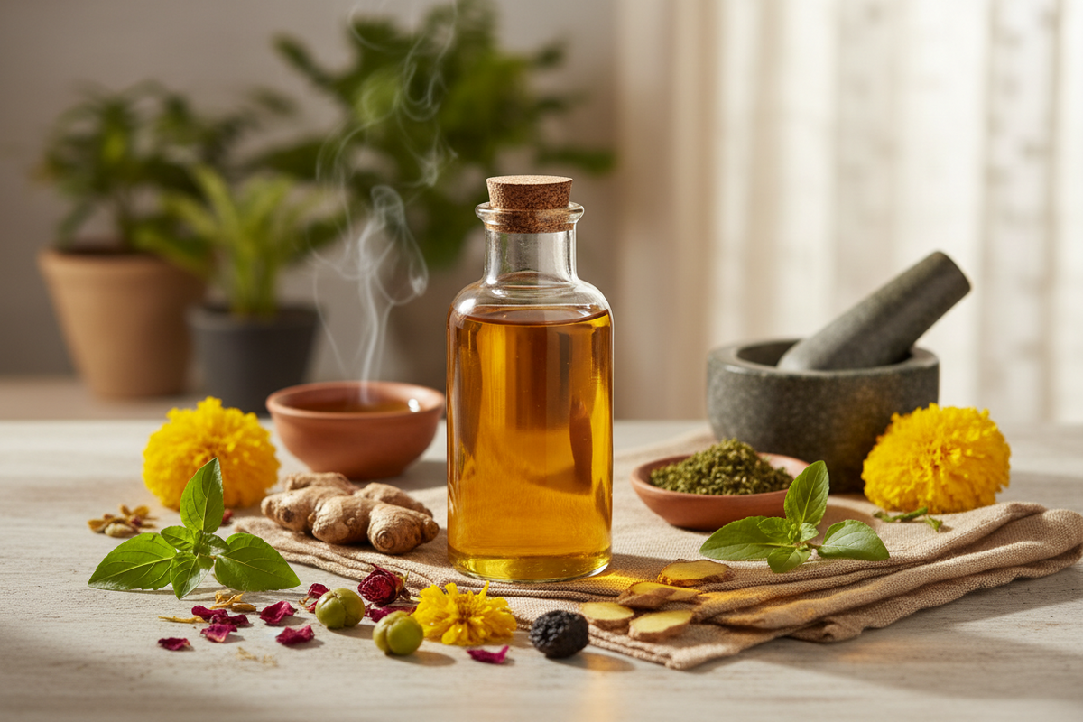 Natürliches Pflanzenöl in Glasflasche mit Ingwer, Kräutern und Mörser im Wellness-Setting.